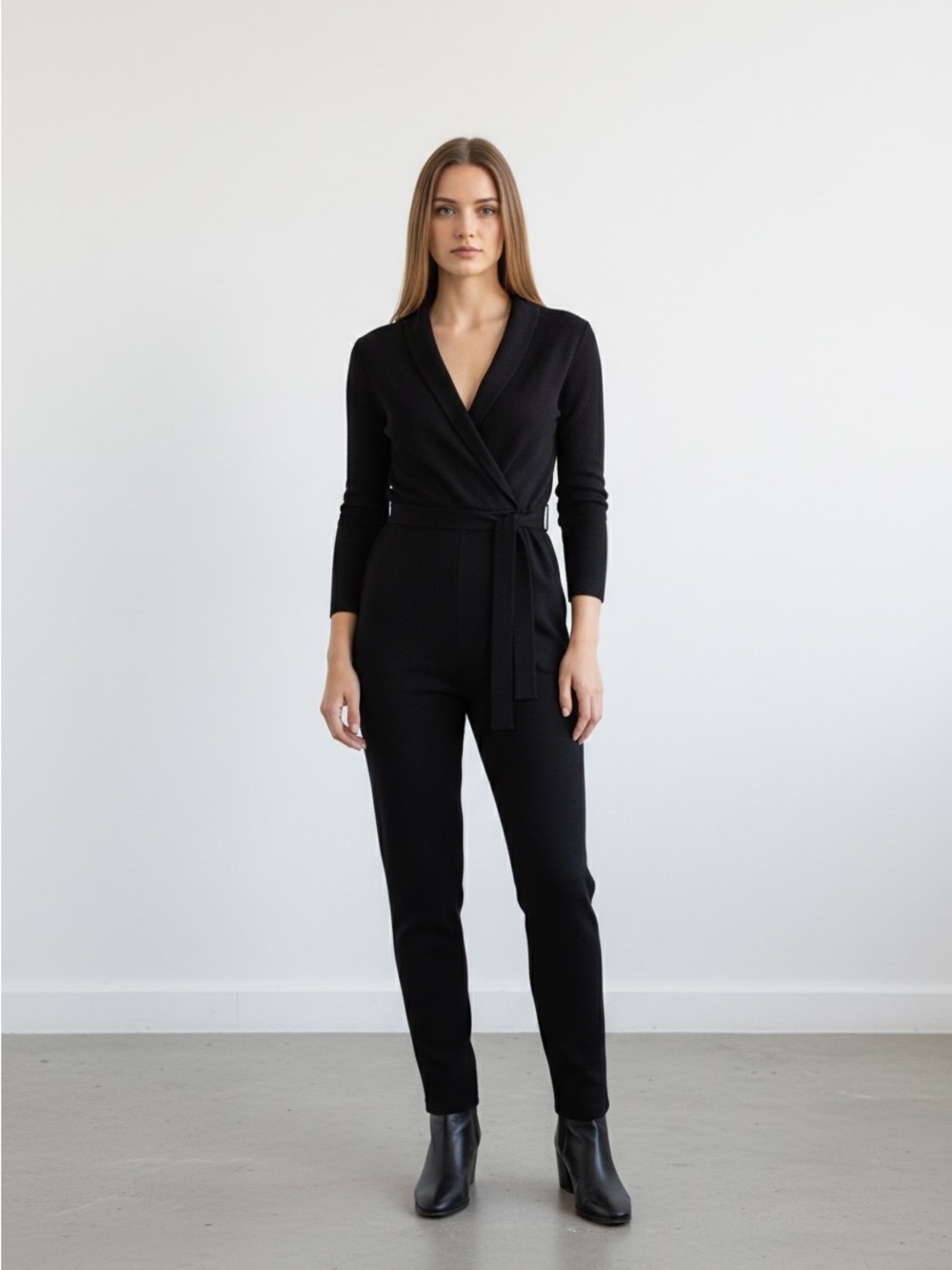 0141. Anthropologie Black Wrap-Front Long-Sleeve Jumpsuit with Tie Waist